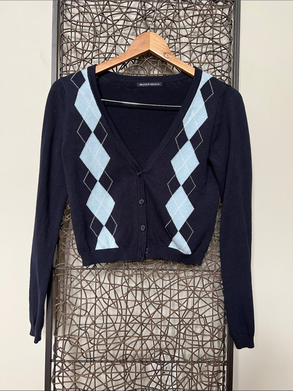 Brandy Melville Argyle Cropped Cardigan Navy sky Blue White Carolina Colorway XS